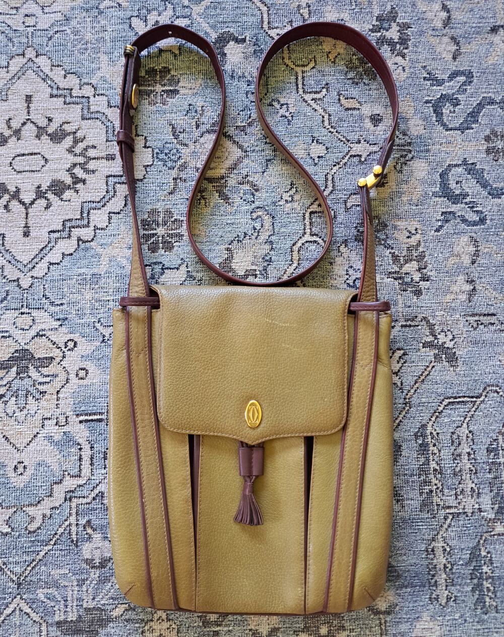 Vintage Cartier Tan & Burgundy Leather Bag w/Gold Tone Hardware